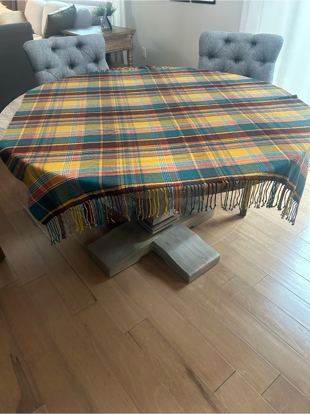 Southern Living At Home Plaid Fringe Tablecloth in Teal, Mustard & Burgundy